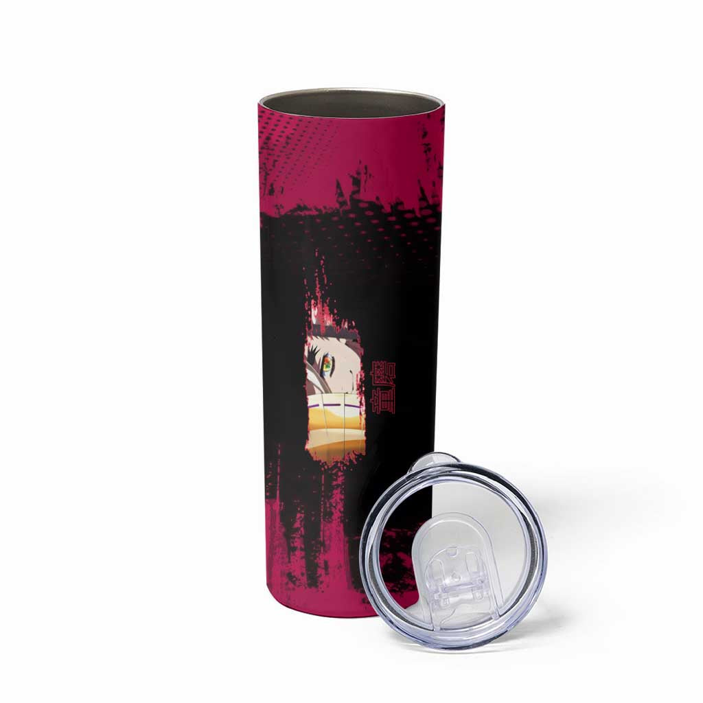 Douma Demon Slayer Red Grunge Design Skinny Tumbler with Fan Pose and Piercing Eyes Detail - The Mazicc