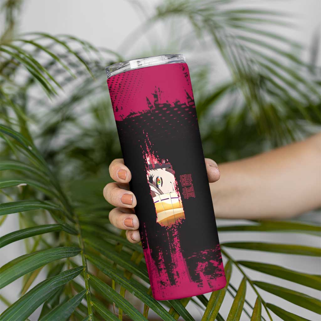 Douma Demon Slayer Red Grunge Design Skinny Tumbler with Fan Pose and Piercing Eyes Detail - The Mazicc