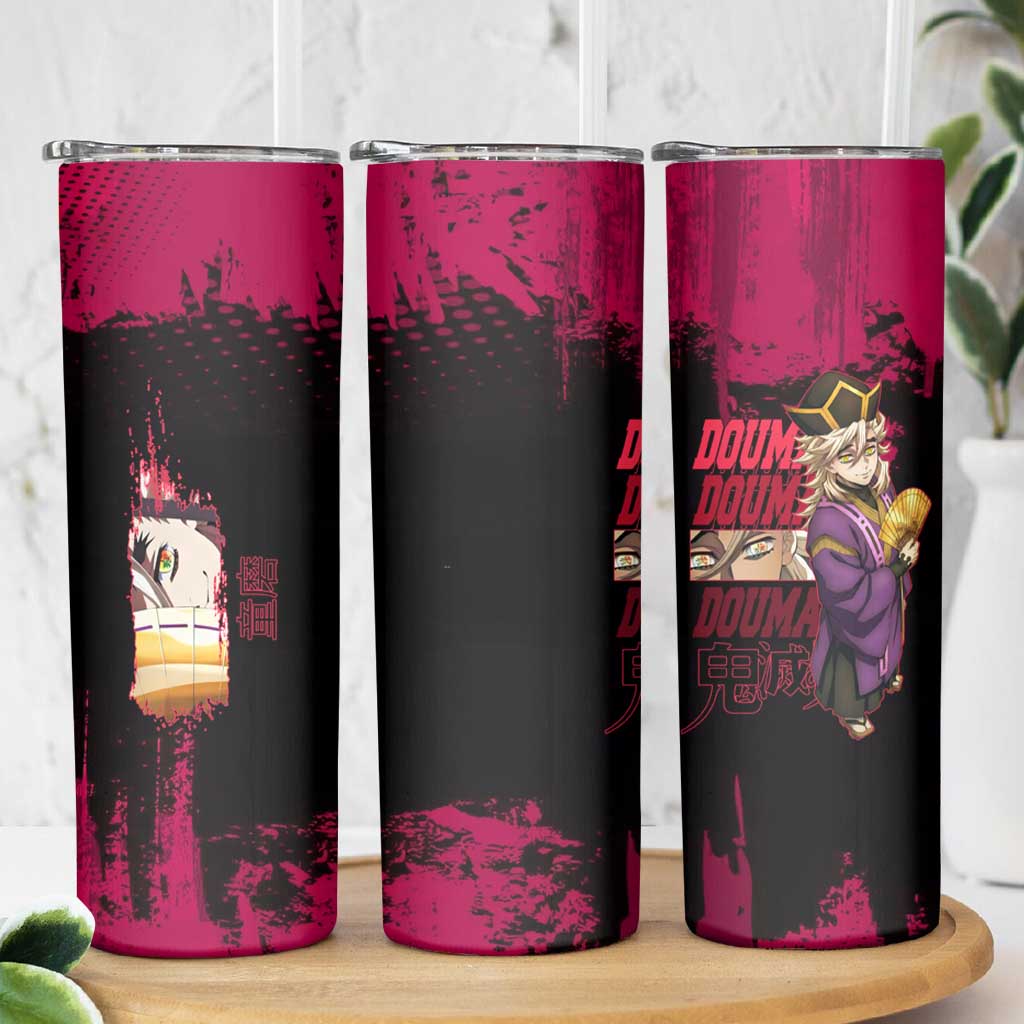 Douma Demon Slayer Red Grunge Design Skinny Tumbler with Fan Pose and Piercing Eyes Detail - The Mazicc