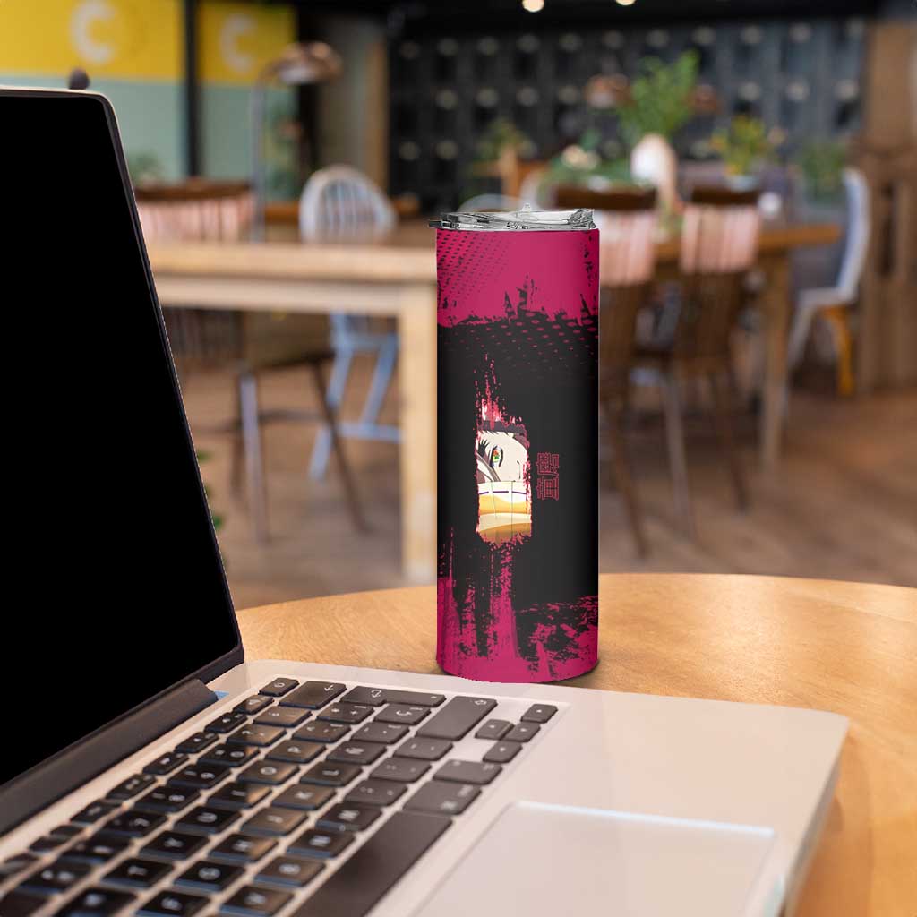 Douma Demon Slayer Red Grunge Design Skinny Tumbler with Fan Pose and Piercing Eyes Detail - The Mazicc