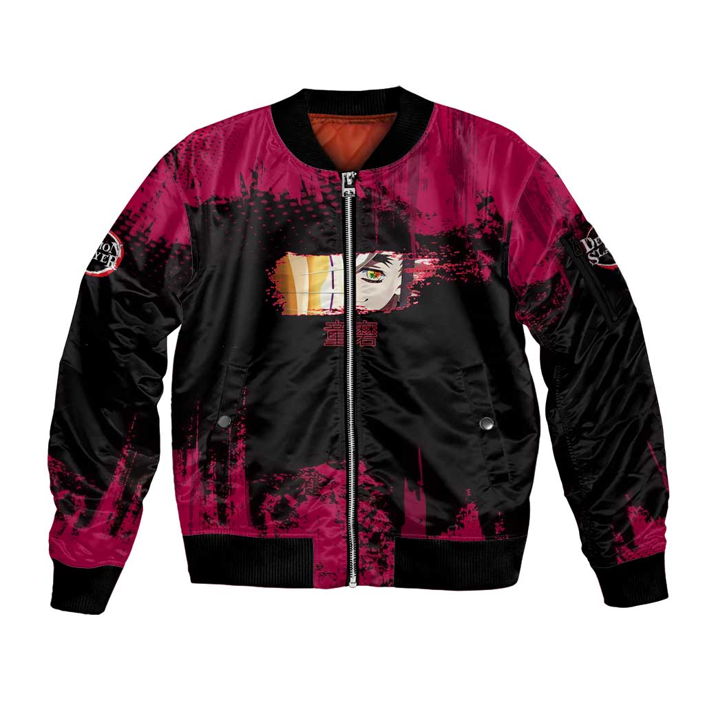 Douma Demon Slayer Red Grunge Design Sleeve Zip Bomber Jacket with Fan Pose and Piercing Eyes Detail - The Mazicc