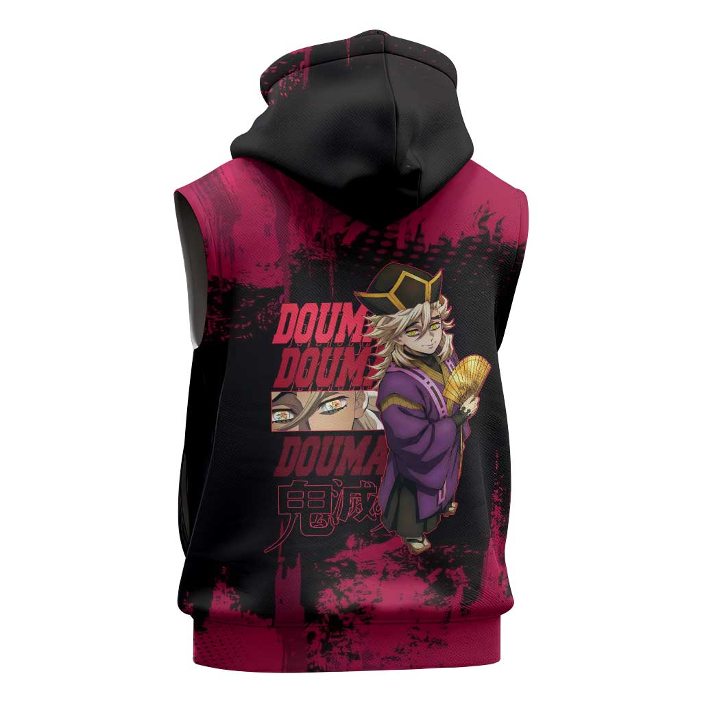 Douma Demon Slayer Red Grunge Design Sleeveless Hoodie with Fan Pose and Piercing Eyes Detail - The Mazicc