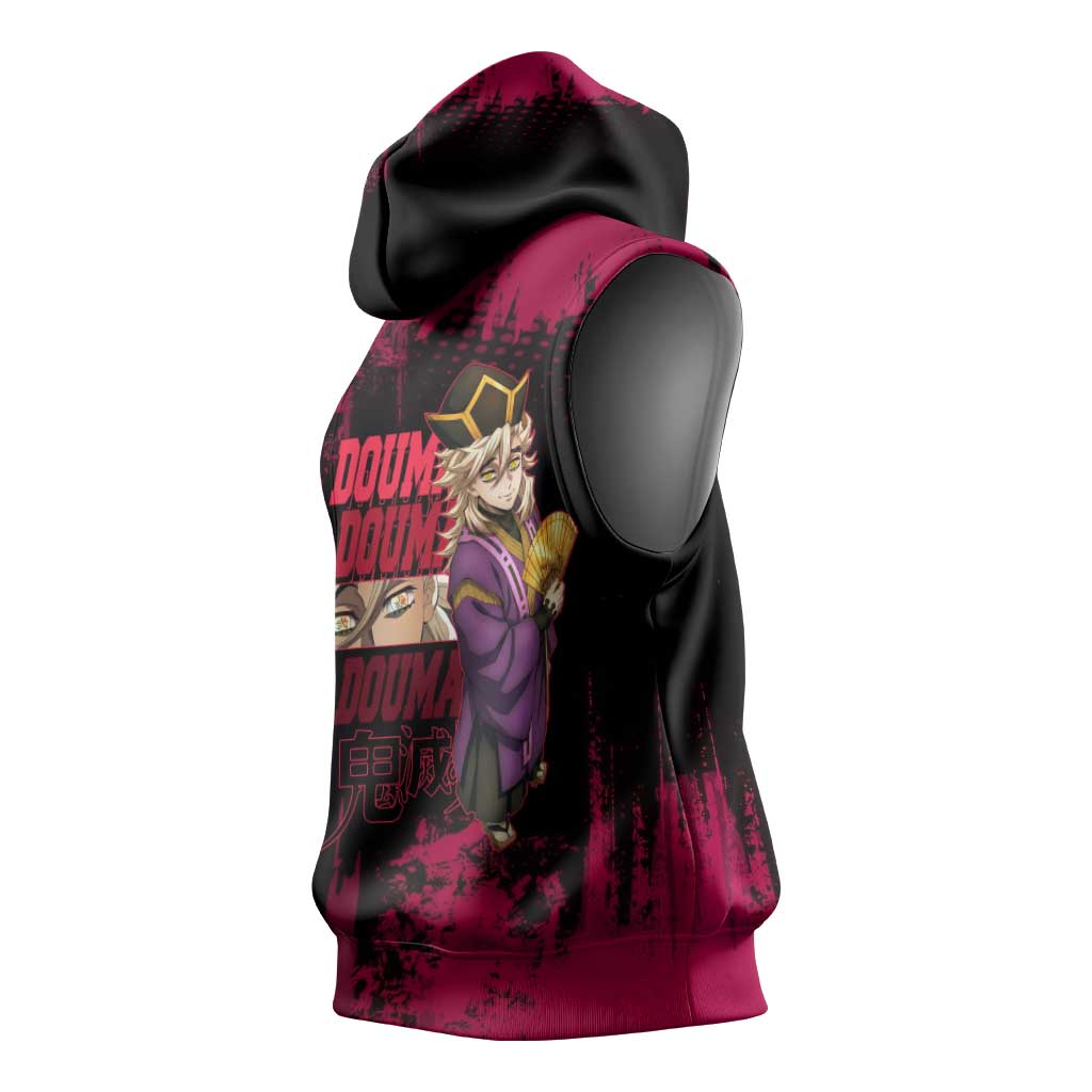 Douma Demon Slayer Red Grunge Design Sleeveless Hoodie with Fan Pose and Piercing Eyes Detail - The Mazicc