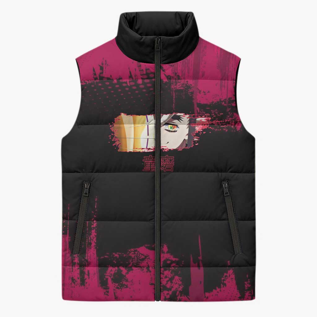 Douma Demon Slayer Red Grunge Design Sleeveless Puffer Jacket with Fan Pose and Piercing Eyes Detail - The Mazicc