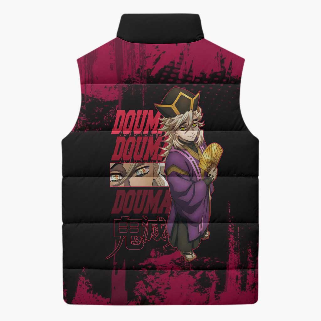 Douma Demon Slayer Red Grunge Design Sleeveless Puffer Jacket with Fan Pose and Piercing Eyes Detail - The Mazicc