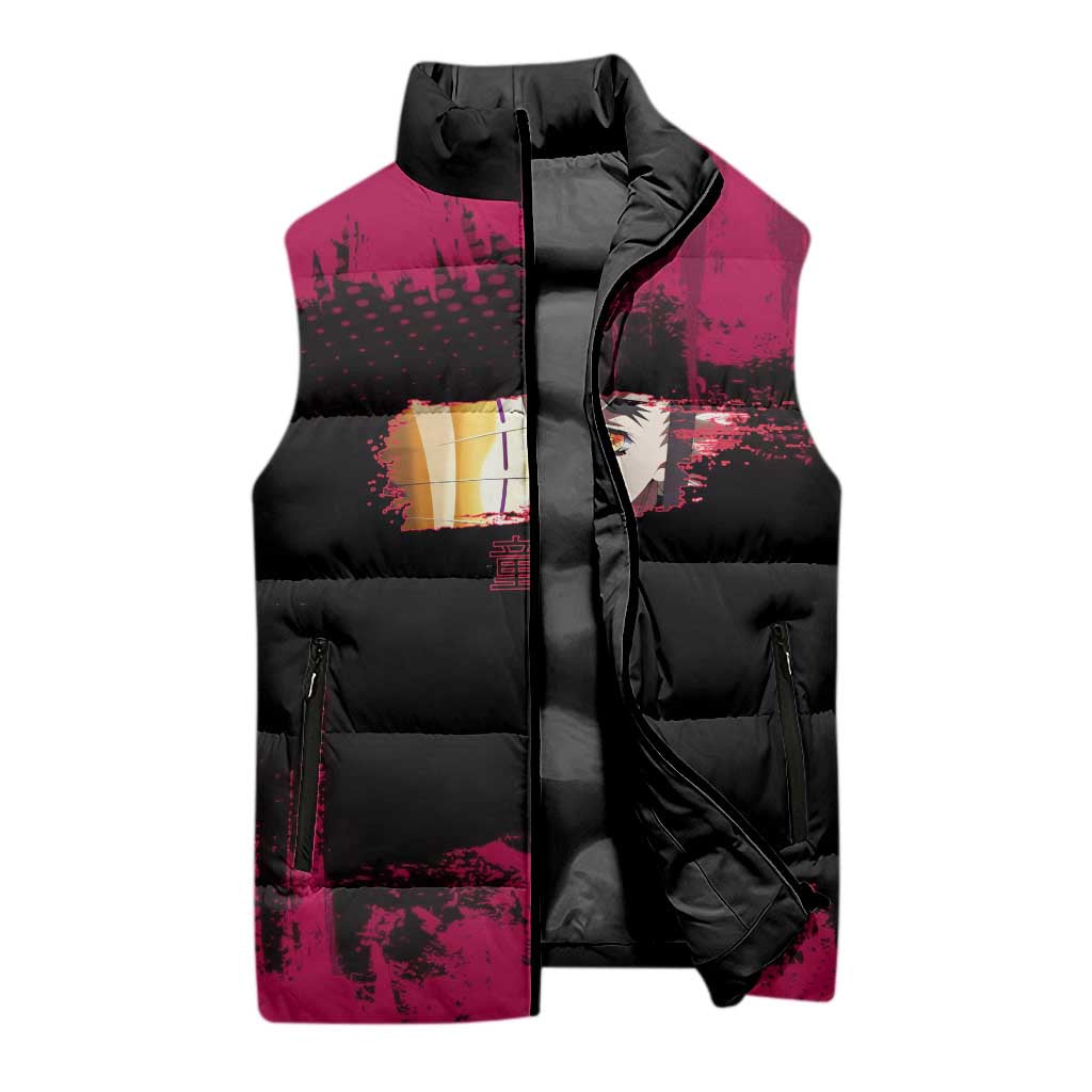 Douma Demon Slayer Red Grunge Design Sleeveless Puffer Jacket with Fan Pose and Piercing Eyes Detail - The Mazicc