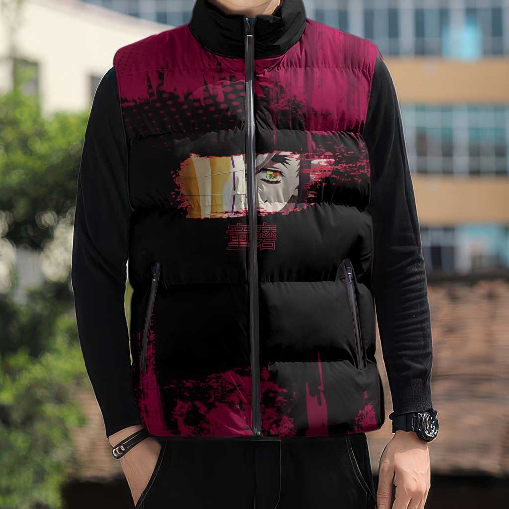 Douma Demon Slayer Red Grunge Design Sleeveless Puffer Jacket with Fan Pose and Piercing Eyes Detail - The Mazicc