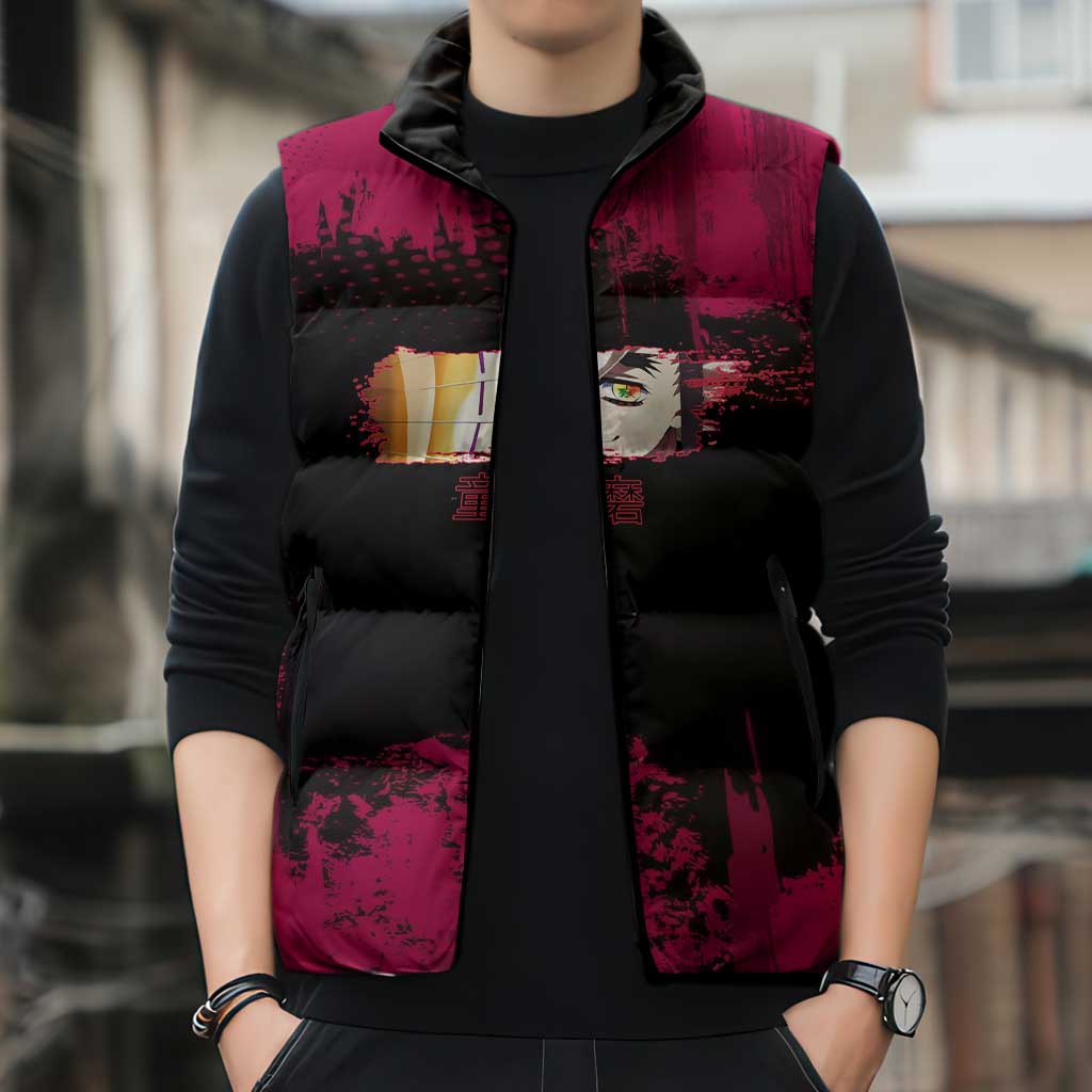 Douma Demon Slayer Red Grunge Design Sleeveless Puffer Jacket with Fan Pose and Piercing Eyes Detail - The Mazicc