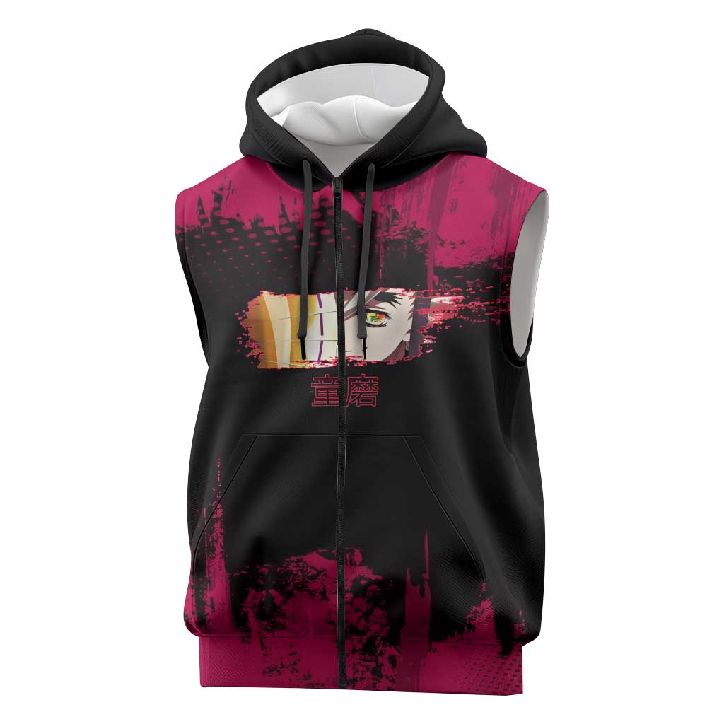 Douma Demon Slayer Red Grunge Design Sleeveless Zip Hoodie with Fan Pose and Piercing Eyes Detail - The Mazicc