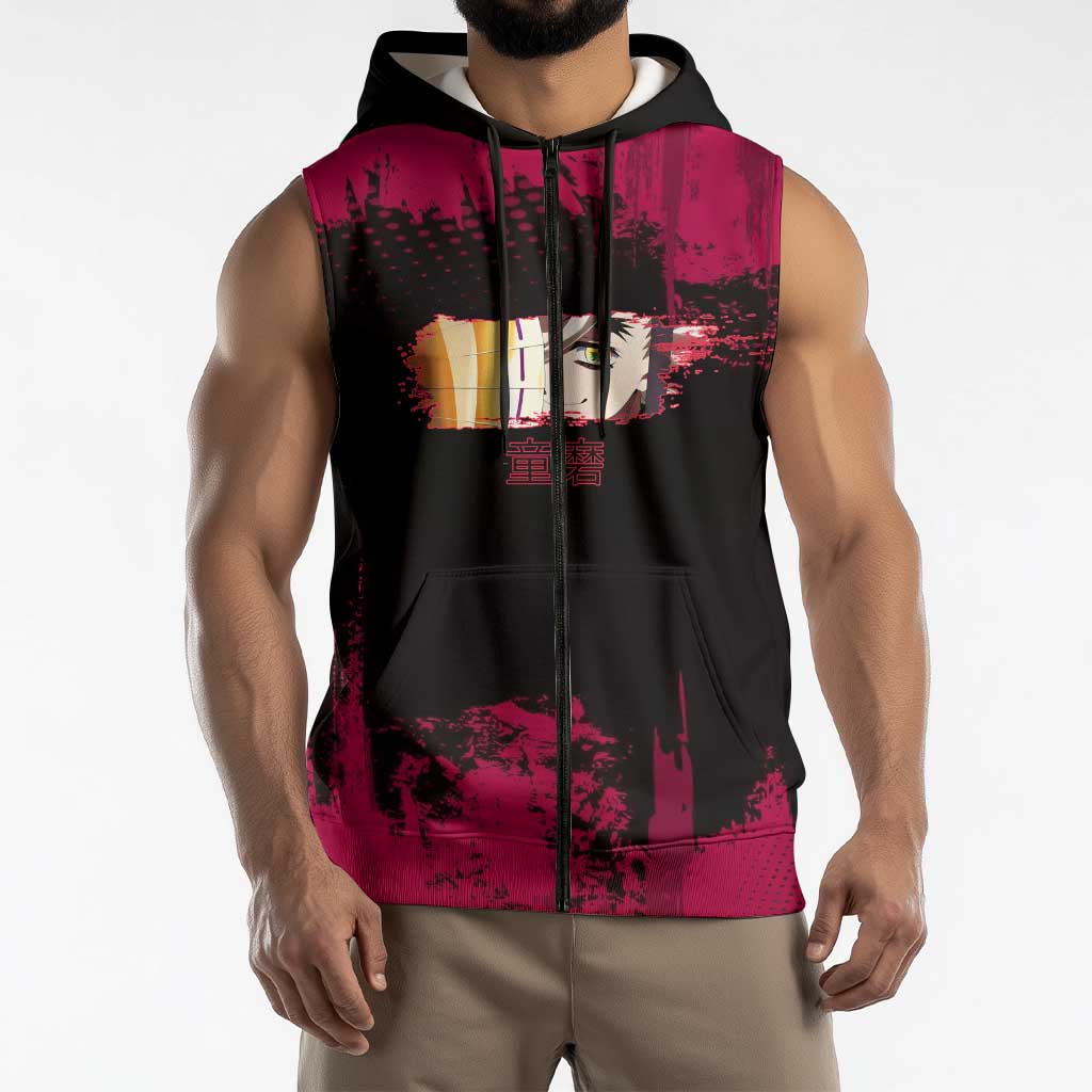 Douma Demon Slayer Red Grunge Design Sleeveless Zip Hoodie with Fan Pose and Piercing Eyes Detail - The Mazicc