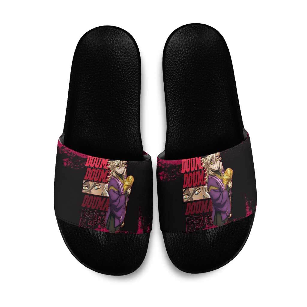 Douma Demon Slayer Red Grunge Design Slide Sandals with Fan Pose and Piercing Eyes Detail - The Mazicc