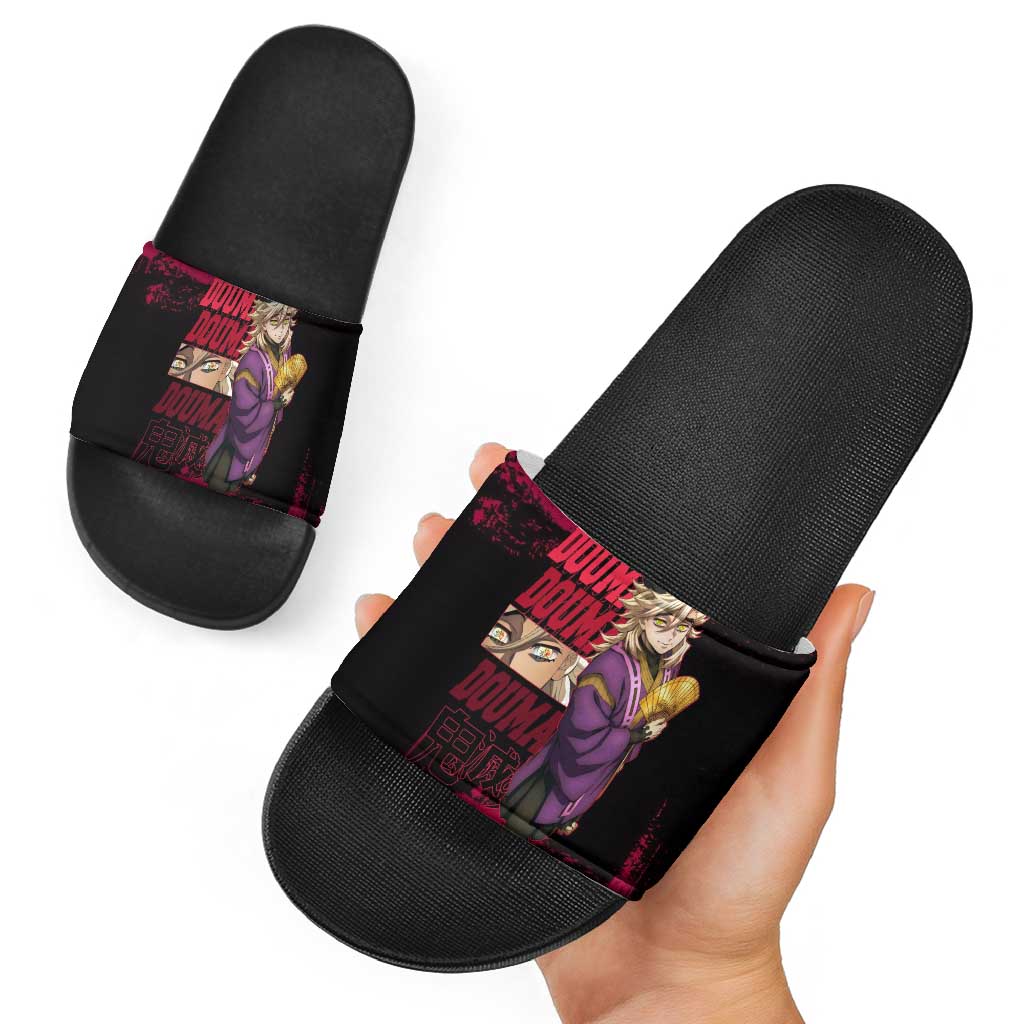 Douma Demon Slayer Red Grunge Design Slide Sandals with Fan Pose and Piercing Eyes Detail - The Mazicc