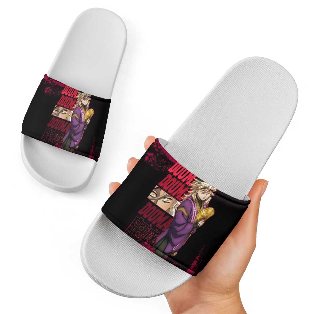 Douma Demon Slayer Red Grunge Design Slide Sandals with Fan Pose and Piercing Eyes Detail - The Mazicc