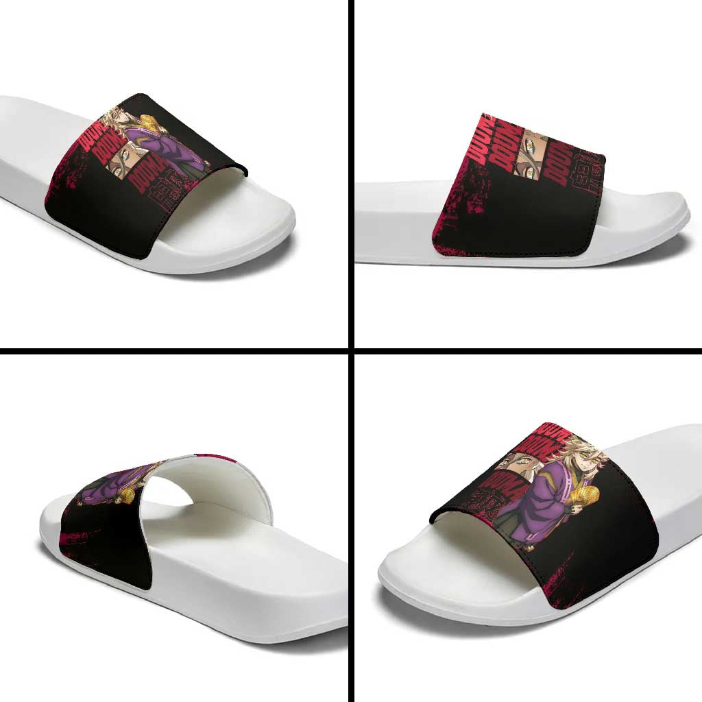 Douma Demon Slayer Red Grunge Design Slide Sandals with Fan Pose and Piercing Eyes Detail - The Mazicc