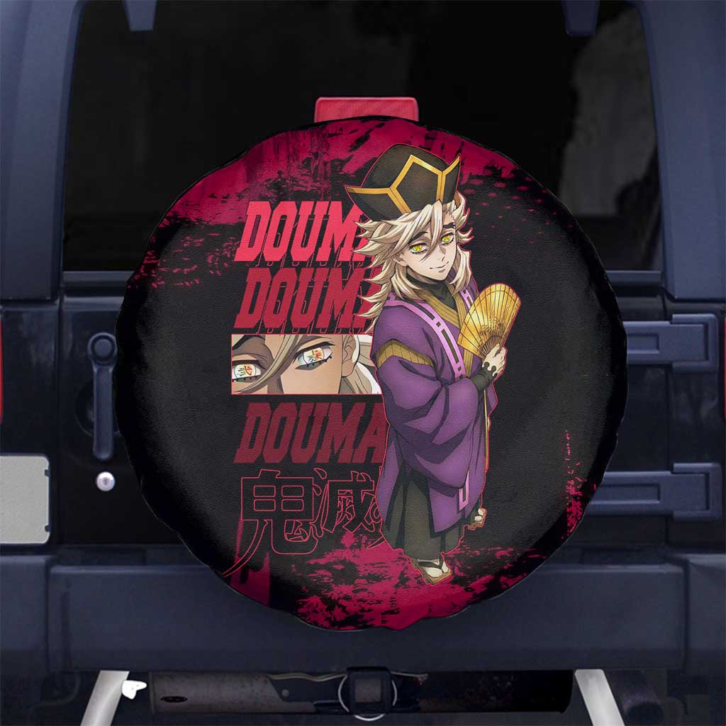 Douma Demon Slayer Red Grunge Design Spare Tire Cover with Fan Pose and Piercing Eyes Detail - The Mazicc