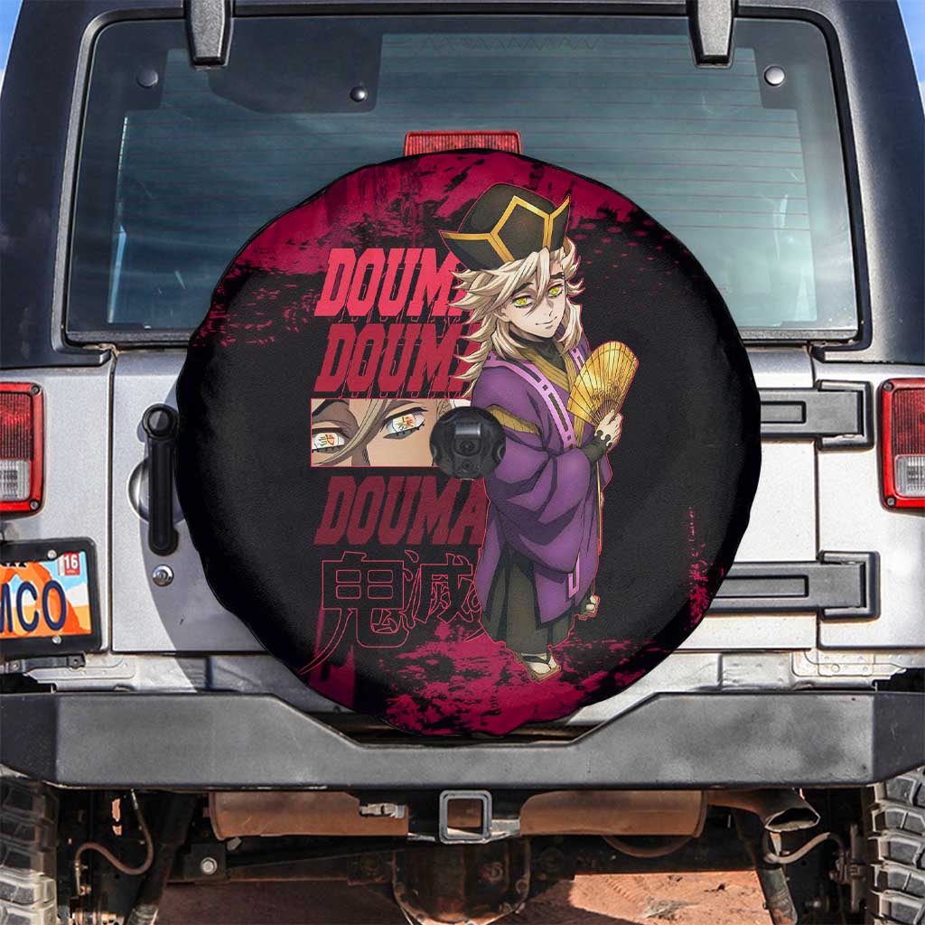 Douma Demon Slayer Red Grunge Design Spare Tire Cover with Fan Pose and Piercing Eyes Detail - The Mazicc