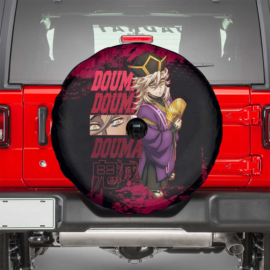 Douma Demon Slayer Red Grunge Design Spare Tire Cover with Fan Pose and Piercing Eyes Detail - The Mazicc