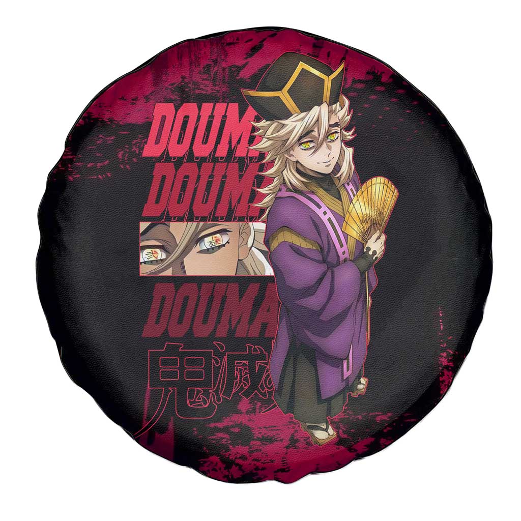 Douma Demon Slayer Red Grunge Design Spare Tire Cover with Fan Pose and Piercing Eyes Detail - The Mazicc