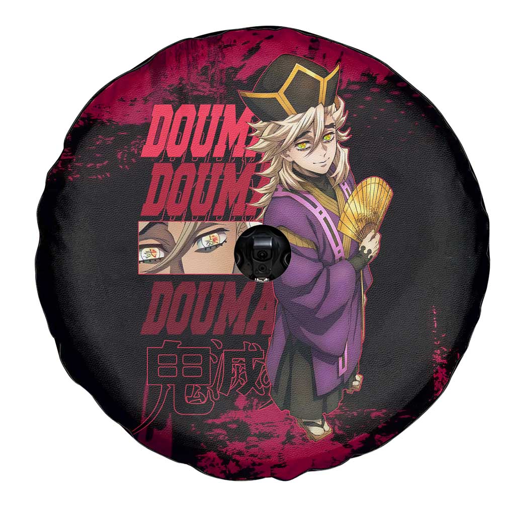 Douma Demon Slayer Red Grunge Design Spare Tire Cover with Fan Pose and Piercing Eyes Detail - The Mazicc