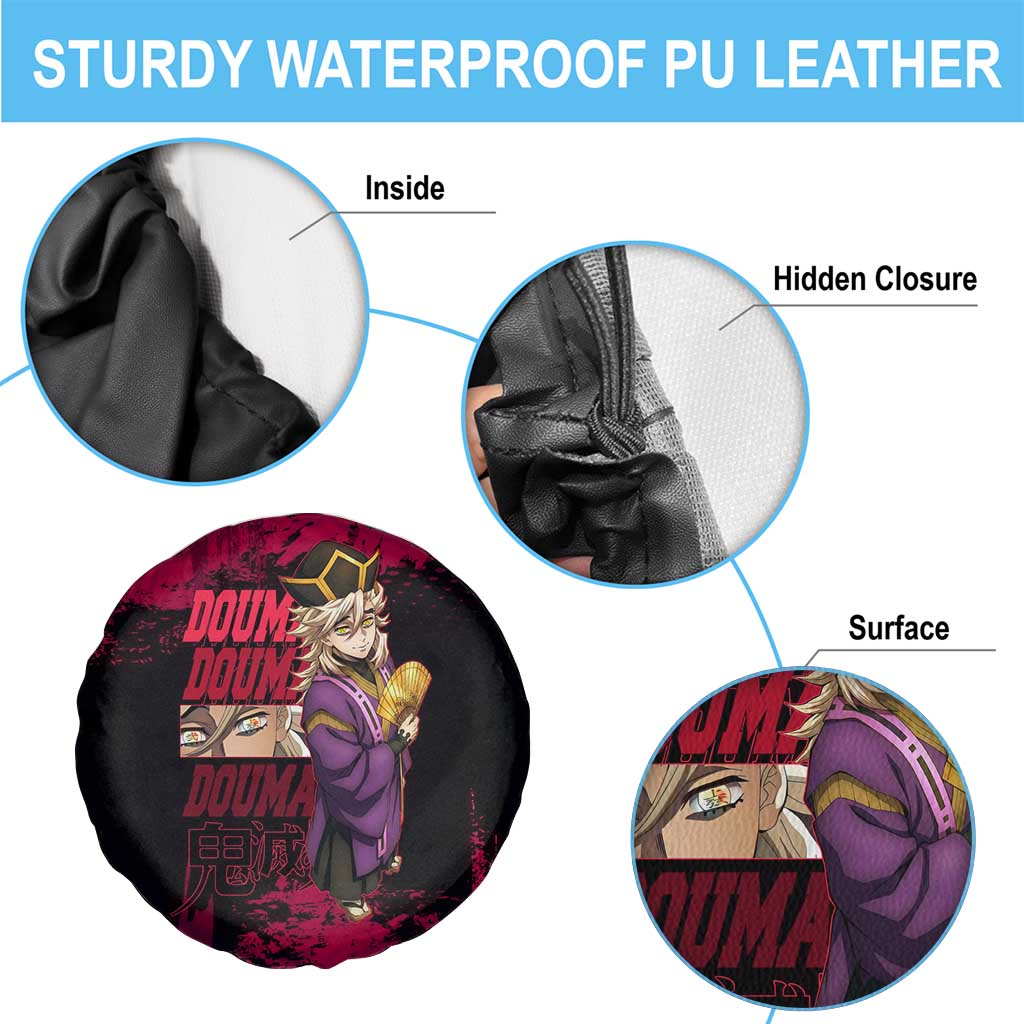 Douma Demon Slayer Red Grunge Design Spare Tire Cover with Fan Pose and Piercing Eyes Detail - The Mazicc