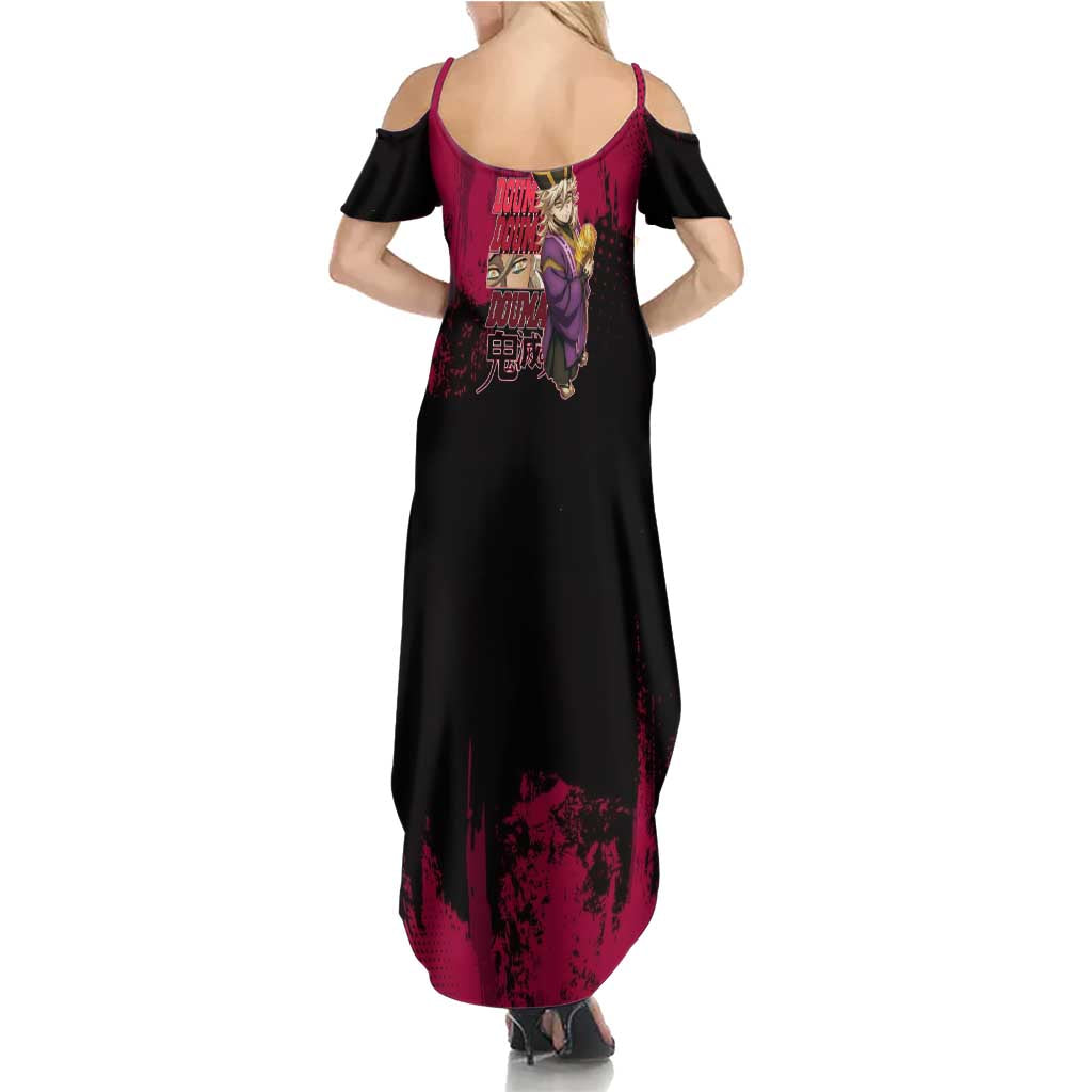 Douma Demon Slayer Red Grunge Design Summer Maxi Dress with Fan Pose and Piercing Eyes Detail - The Mazicc