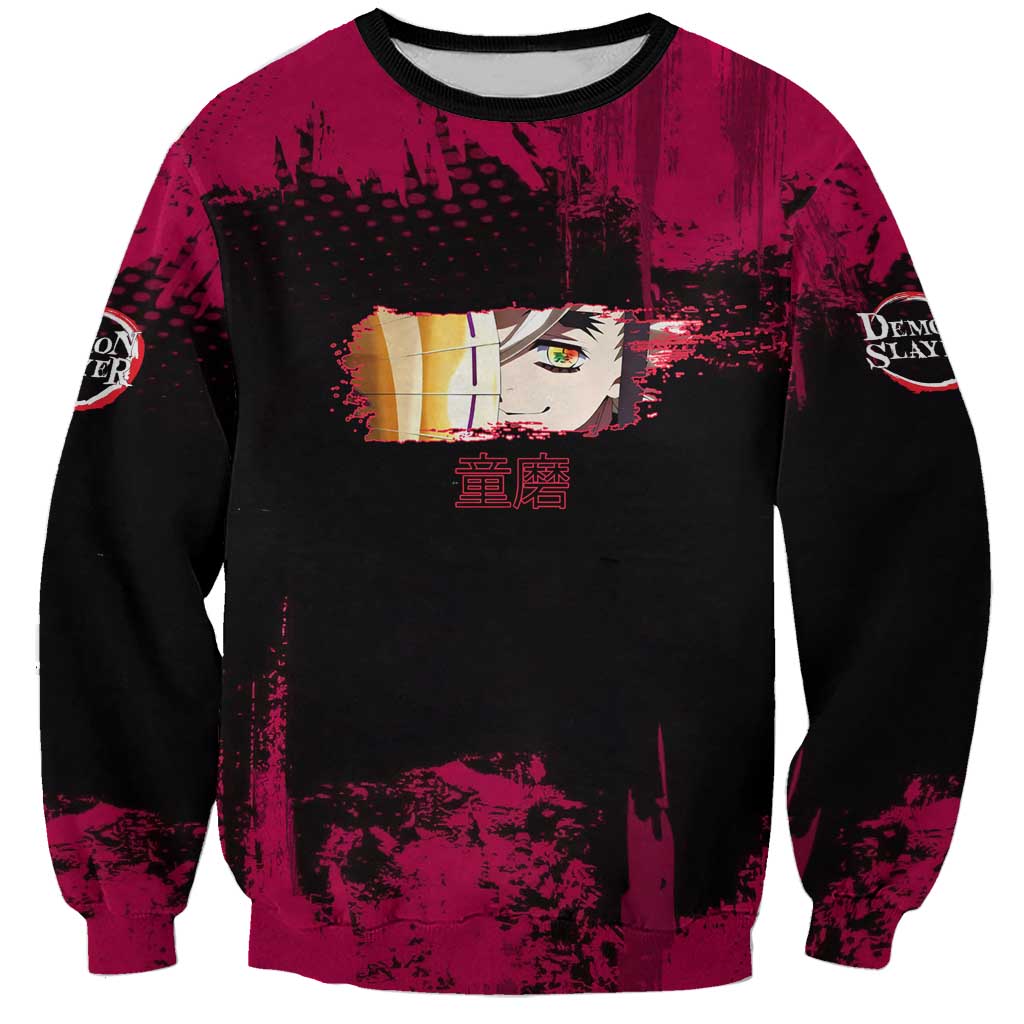 Douma Demon Slayer Red Grunge Design Sweatshirt with Fan Pose and Piercing Eyes Detail - The Mazicc