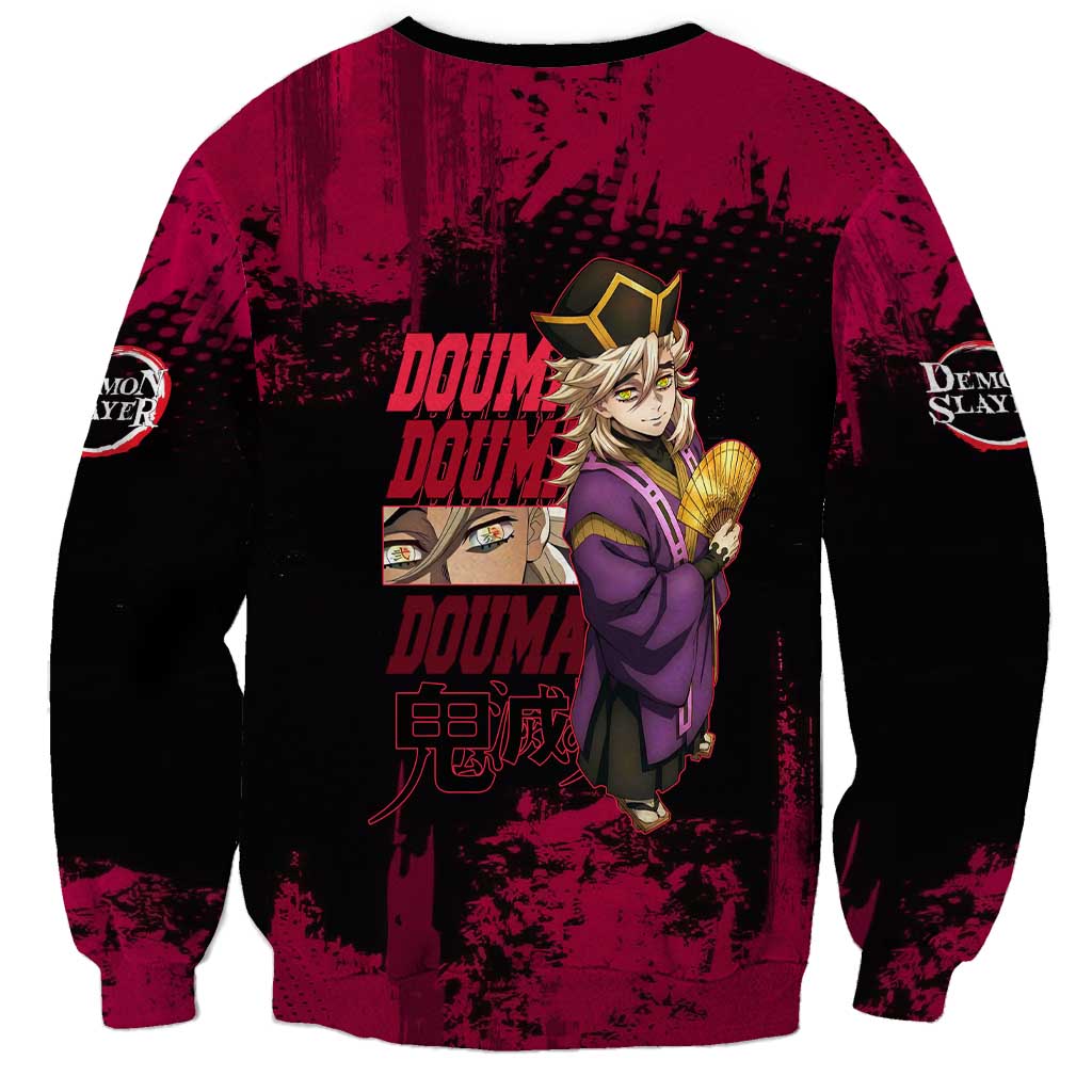 Douma Demon Slayer Red Grunge Design Sweatshirt with Fan Pose and Piercing Eyes Detail - The Mazicc