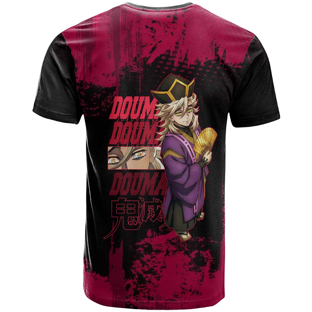 Douma Demon Slayer Red Grunge Design T Shirt with Fan Pose and Piercing Eyes Detail - The Mazicc