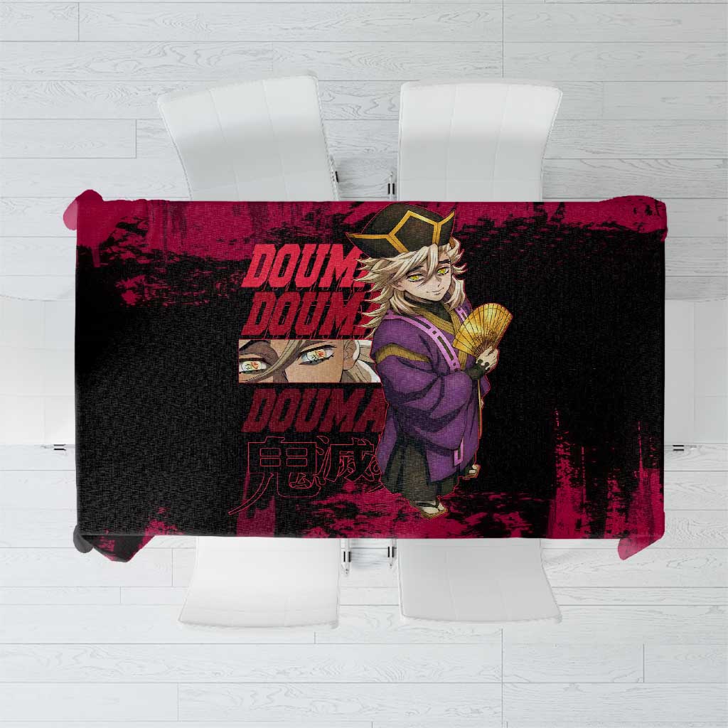 Douma Demon Slayer Red Grunge Design Tablecloth with Fan Pose and Piercing Eyes Detail - The Mazicc