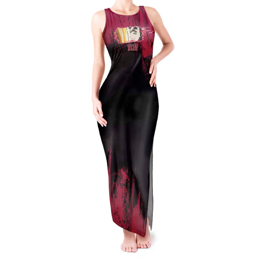 Douma Demon Slayer Red Grunge Design Tank Maxi Dress with Fan Pose and Piercing Eyes Detail - The Mazicc