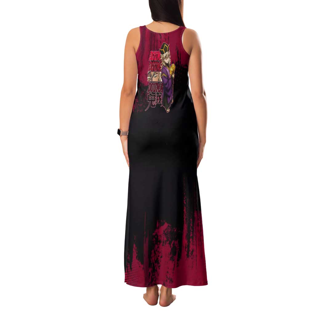 Douma Demon Slayer Red Grunge Design Tank Maxi Dress with Fan Pose and Piercing Eyes Detail - The Mazicc