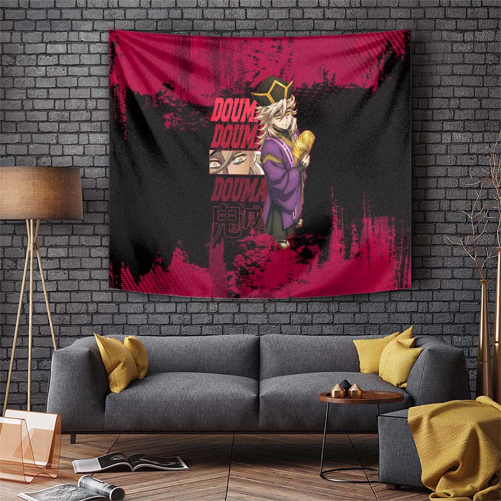 Douma Demon Slayer Red Grunge Design Tapestry with Fan Pose and Piercing Eyes Detail - The Mazicc