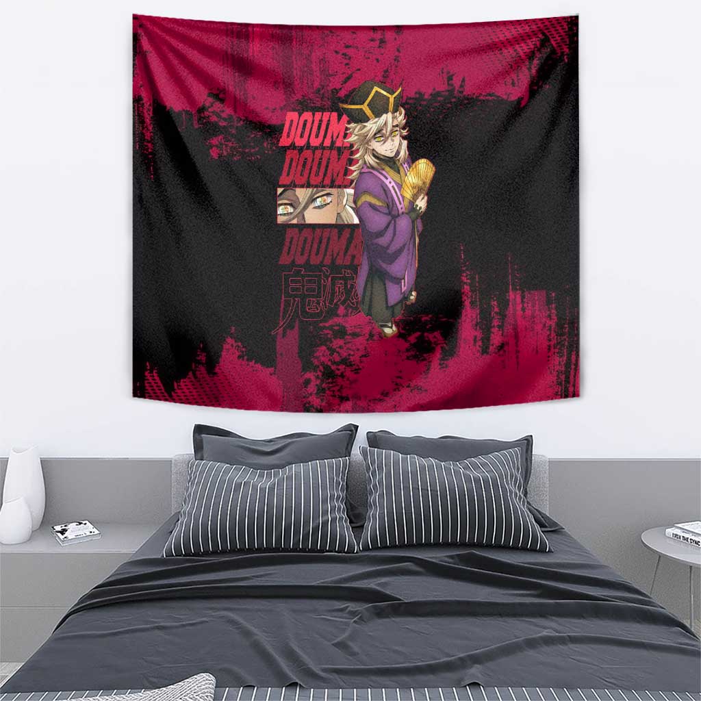 Douma Demon Slayer Red Grunge Design Tapestry with Fan Pose and Piercing Eyes Detail - The Mazicc