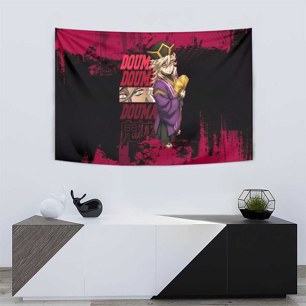 Douma Demon Slayer Red Grunge Design Tapestry with Fan Pose and Piercing Eyes Detail - The Mazicc