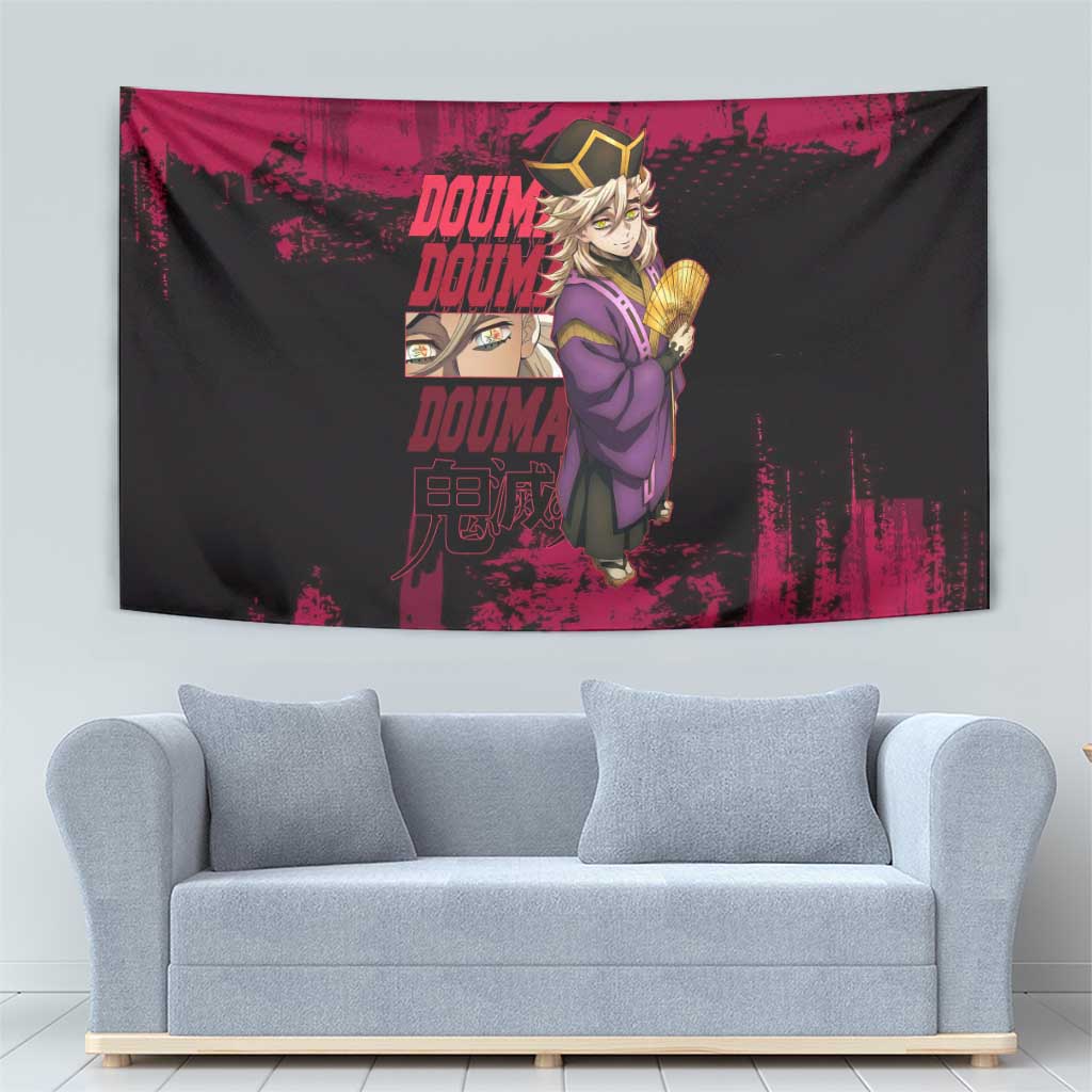 Douma Demon Slayer Red Grunge Design Tapestry with Fan Pose and Piercing Eyes Detail - The Mazicc