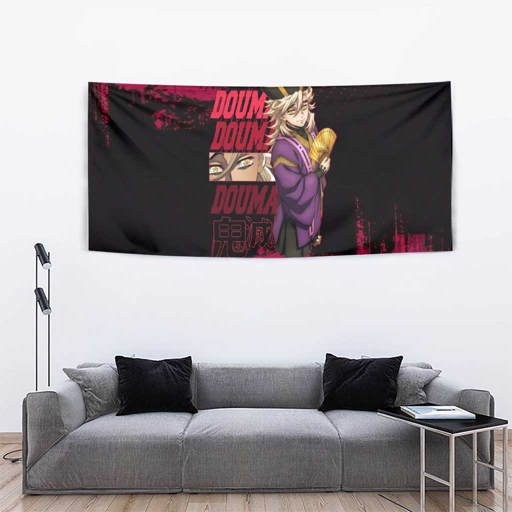 Douma Demon Slayer Red Grunge Design Tapestry with Fan Pose and Piercing Eyes Detail - The Mazicc