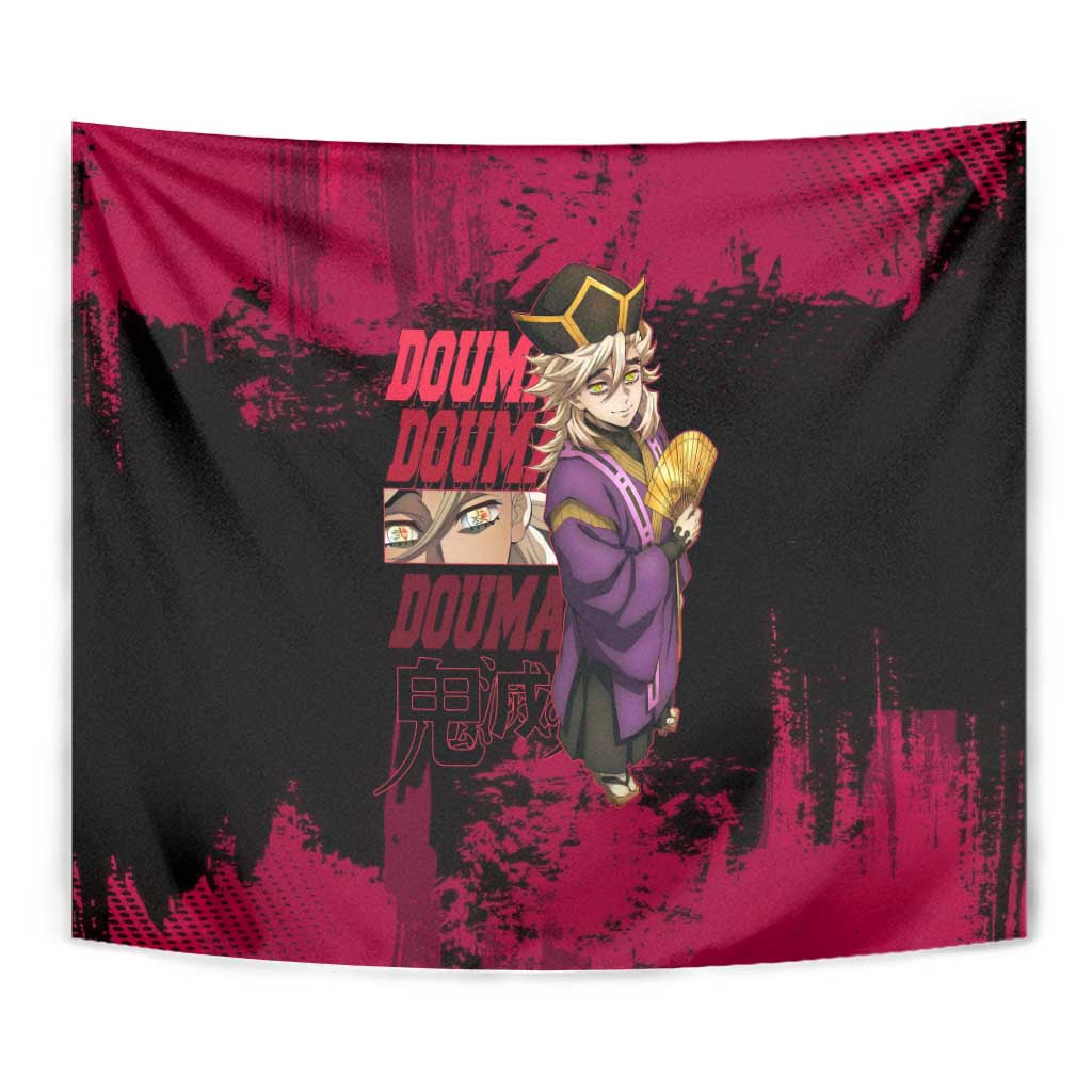 Douma Demon Slayer Red Grunge Design Tapestry with Fan Pose and Piercing Eyes Detail - The Mazicc