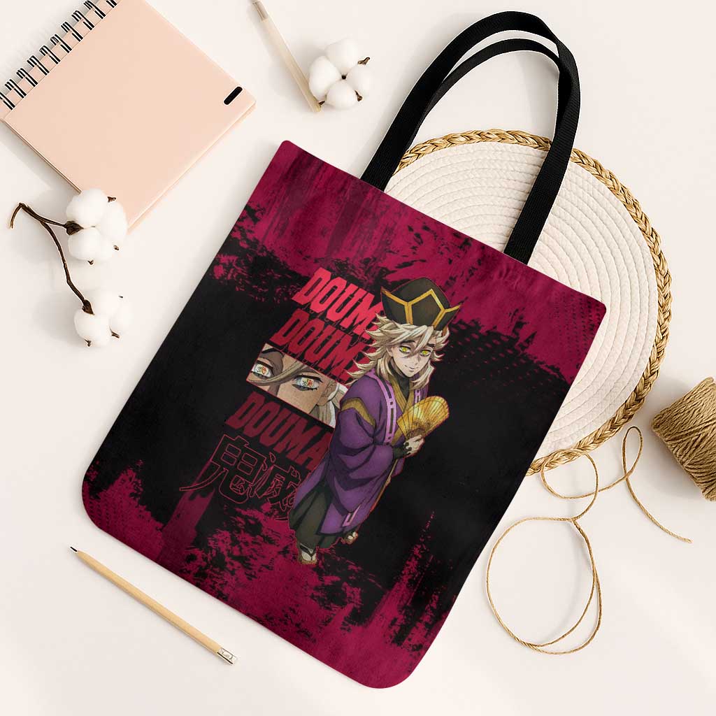 Douma Demon Slayer Red Grunge Design Tote Bag with Fan Pose and Piercing Eyes Detail - The Mazicc