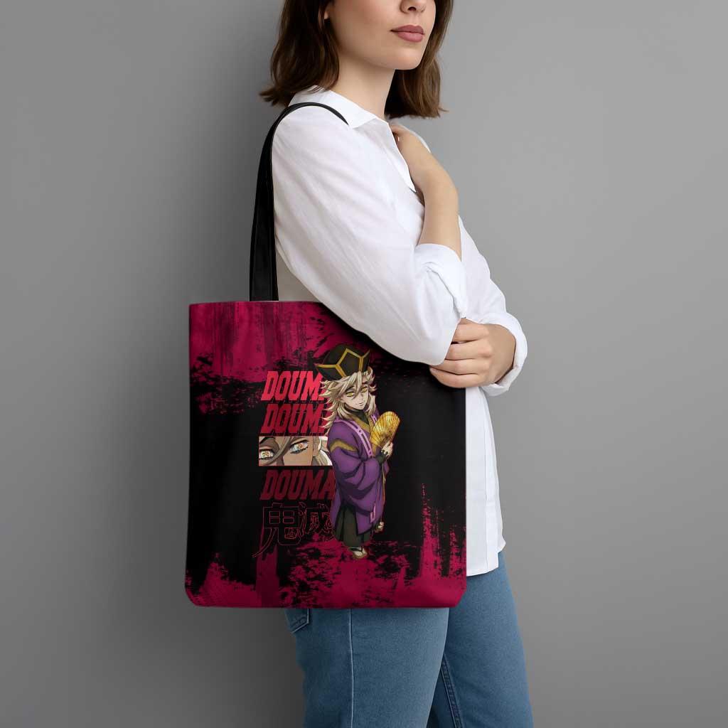 Douma Demon Slayer Red Grunge Design Tote Bag with Fan Pose and Piercing Eyes Detail - The Mazicc