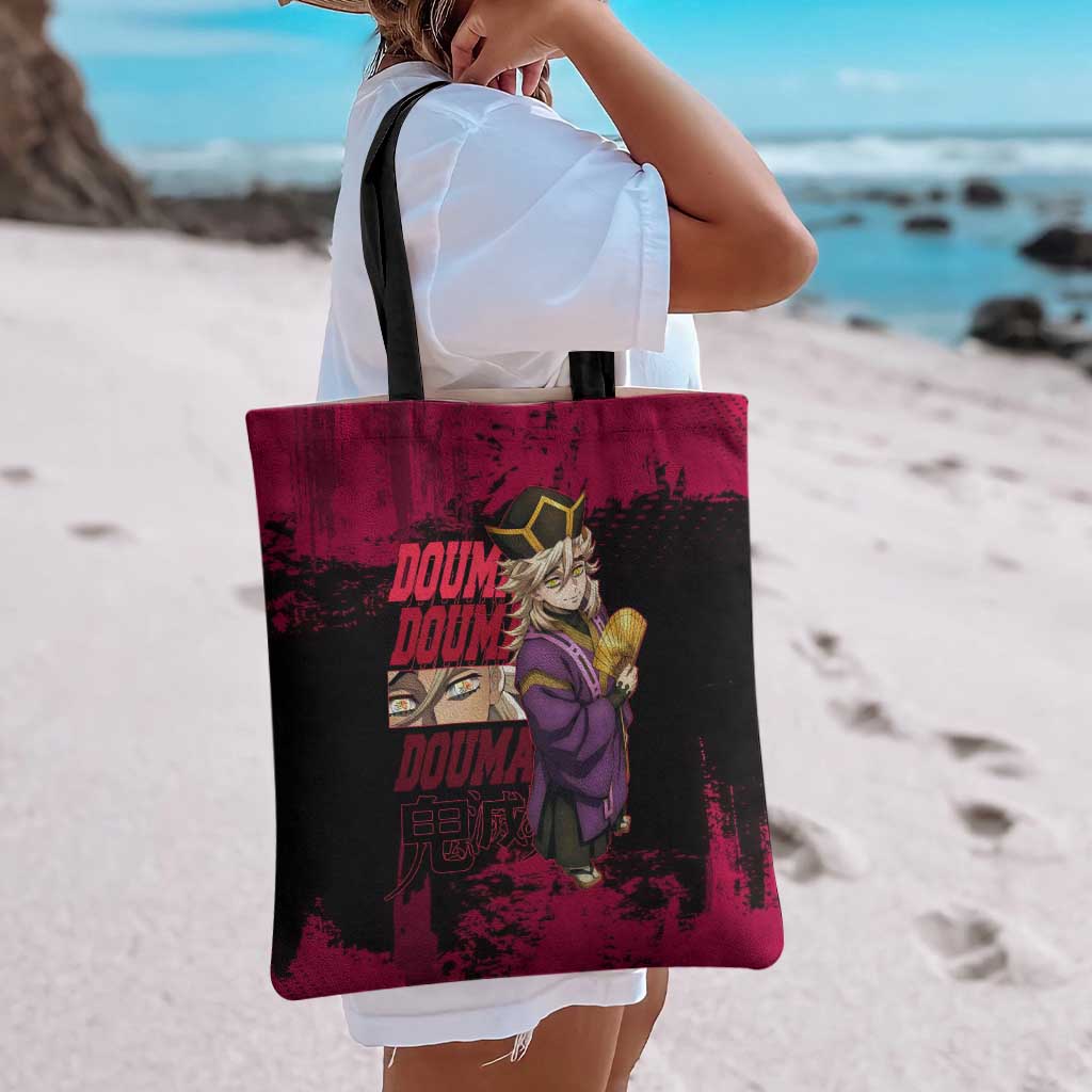 Douma Demon Slayer Red Grunge Design Tote Bag with Fan Pose and Piercing Eyes Detail - The Mazicc