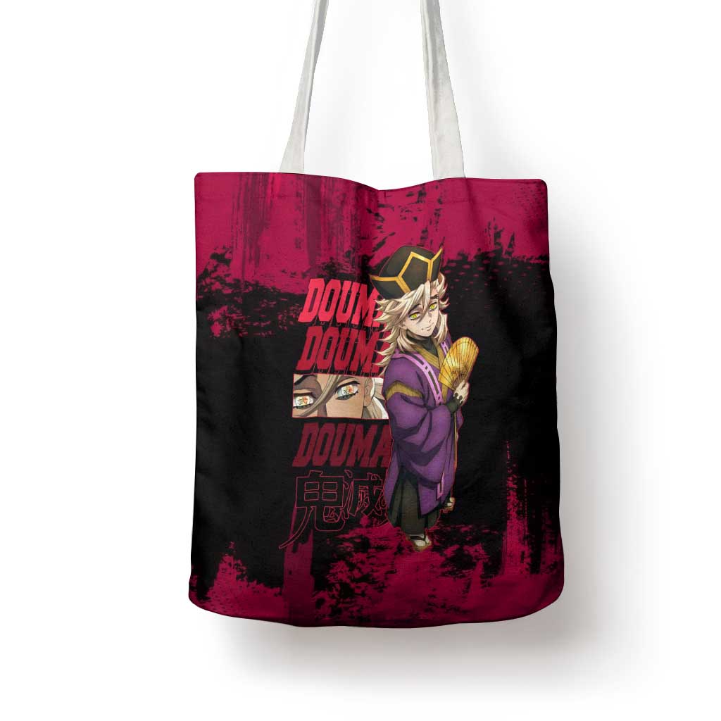 Douma Demon Slayer Red Grunge Design Tote Bag with Fan Pose and Piercing Eyes Detail - The Mazicc