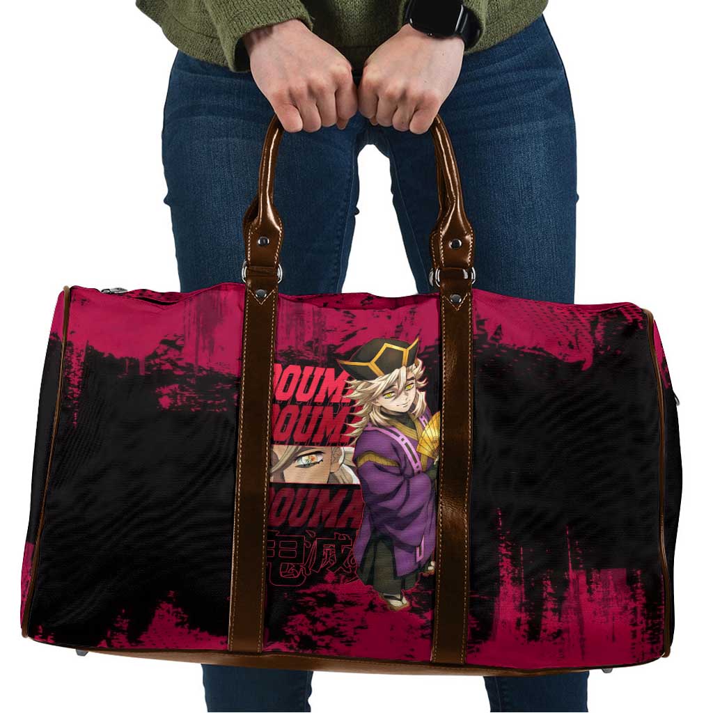 Douma Demon Slayer Red Grunge Design Travel Bag with Fan Pose and Piercing Eyes Detail - The Mazicc