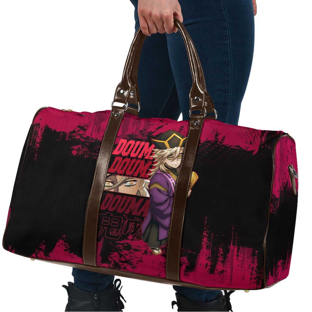 Douma Demon Slayer Red Grunge Design Travel Bag with Fan Pose and Piercing Eyes Detail - The Mazicc