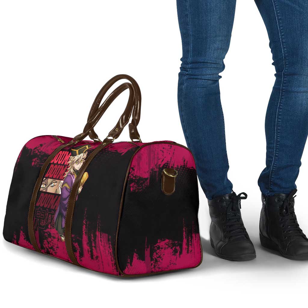 Douma Demon Slayer Red Grunge Design Travel Bag with Fan Pose and Piercing Eyes Detail - The Mazicc