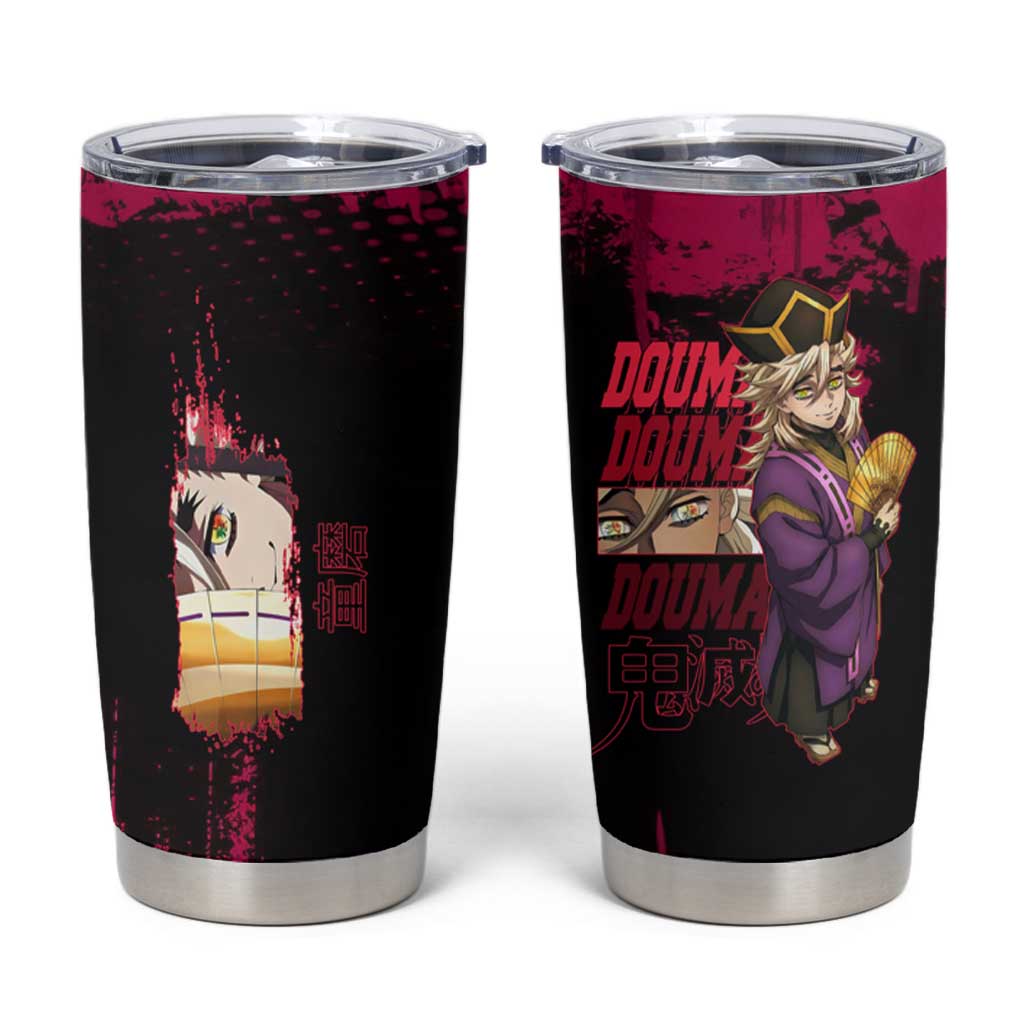 Douma Demon Slayer Red Grunge Design Tumbler Cup with Fan Pose and Piercing Eyes Detail - The Mazicc