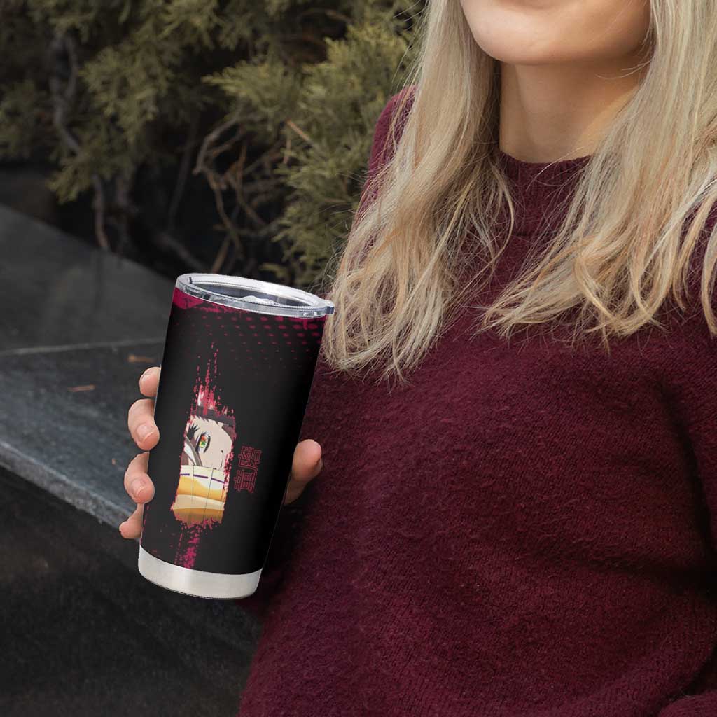 Douma Demon Slayer Red Grunge Design Tumbler Cup with Fan Pose and Piercing Eyes Detail - The Mazicc