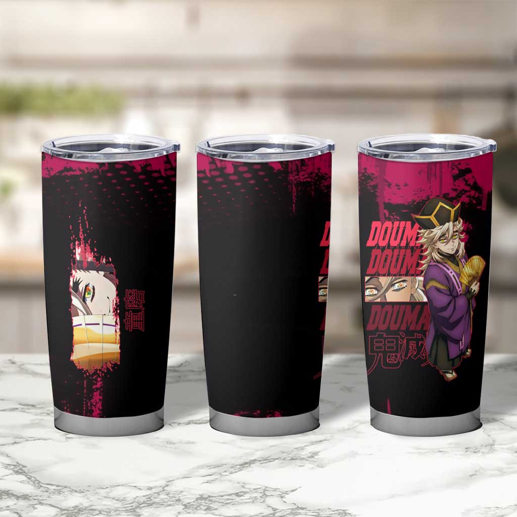 Douma Demon Slayer Red Grunge Design Tumbler Cup with Fan Pose and Piercing Eyes Detail - The Mazicc