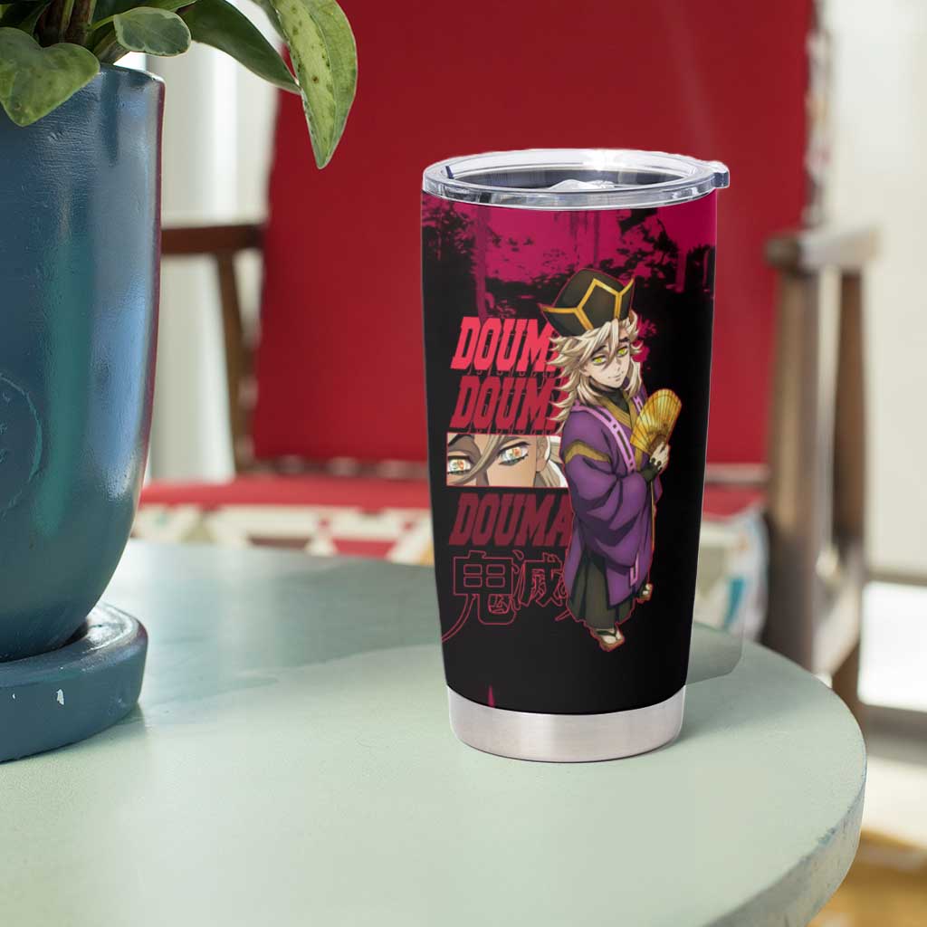Douma Demon Slayer Red Grunge Design Tumbler Cup with Fan Pose and Piercing Eyes Detail - The Mazicc