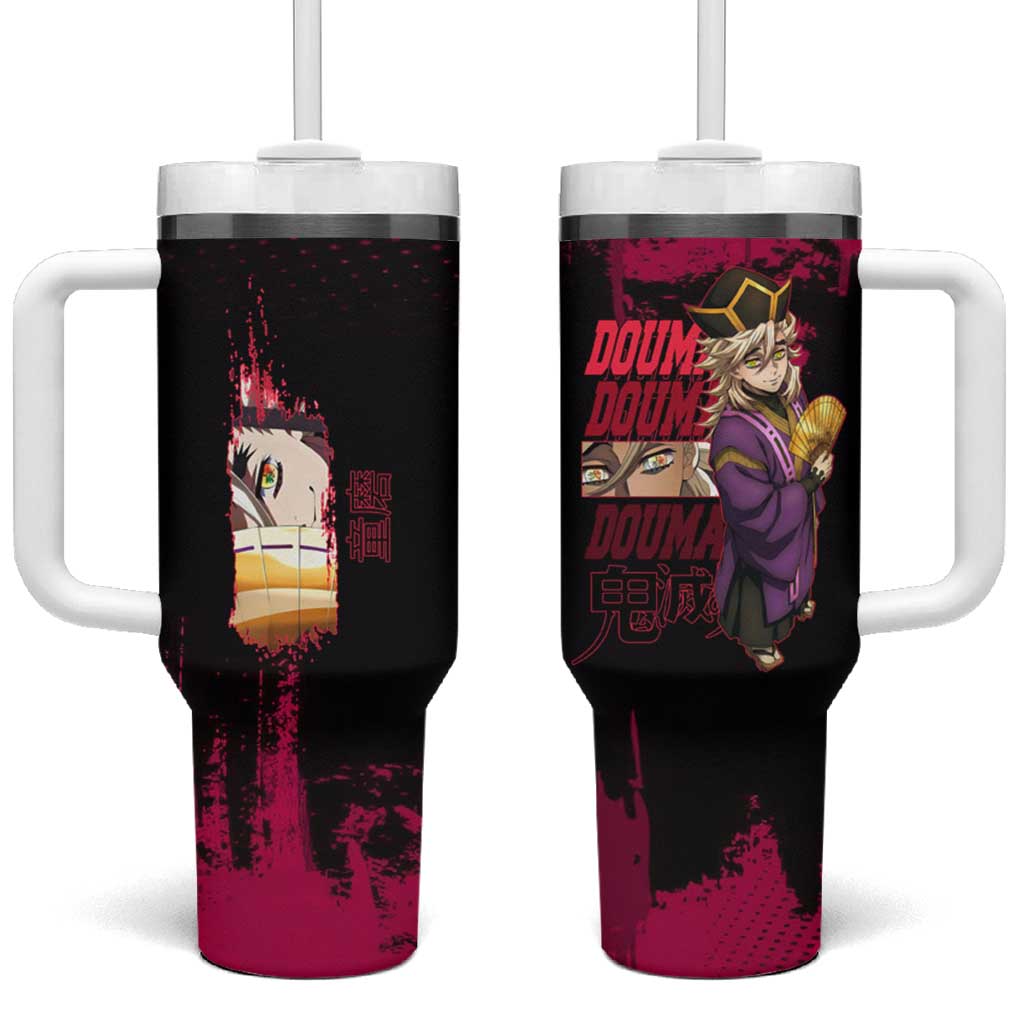 Douma Demon Slayer Red Grunge Design Tumbler With Handle with Fan Pose and Piercing Eyes Detail - The Mazicc