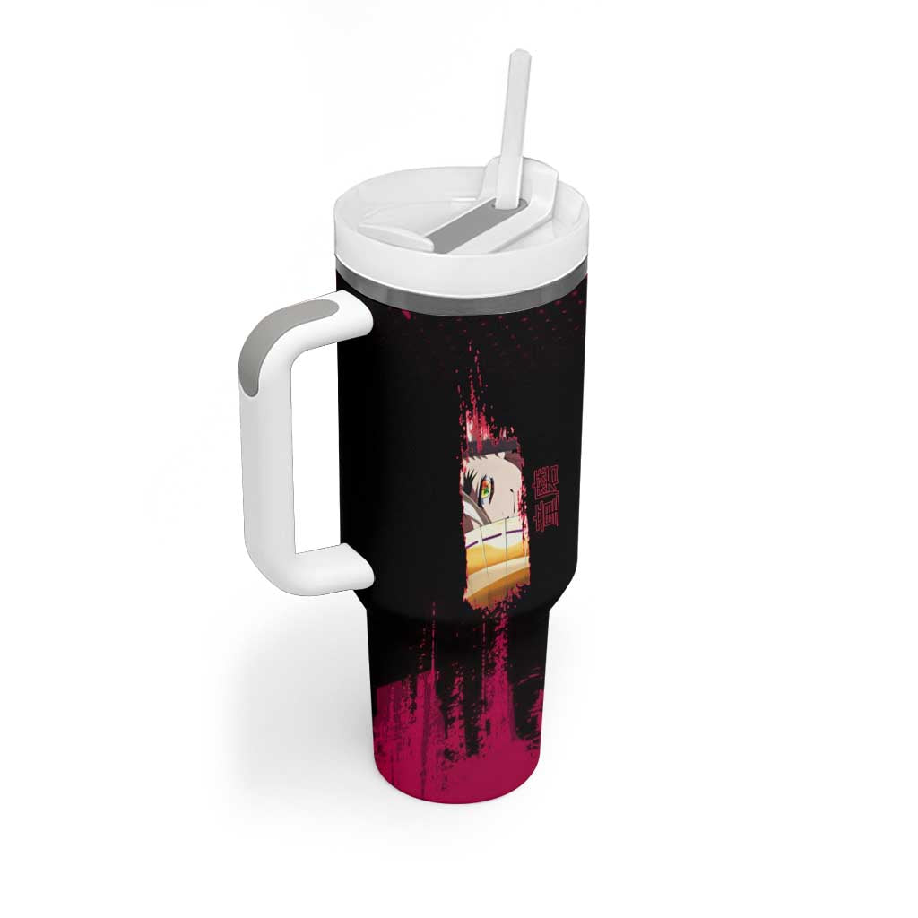 Douma Demon Slayer Red Grunge Design Tumbler With Handle with Fan Pose and Piercing Eyes Detail - The Mazicc